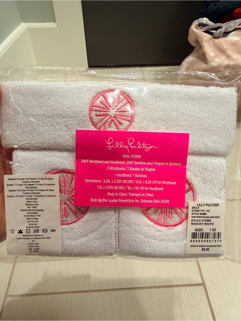 Lilly Pulitzer White Headband & Wristband Set with Pink Embroidery